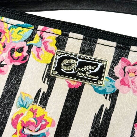 LUV Betsey Johnson Floral Black White Striped Crossbody Bag Excellent - Picture 4 of 8